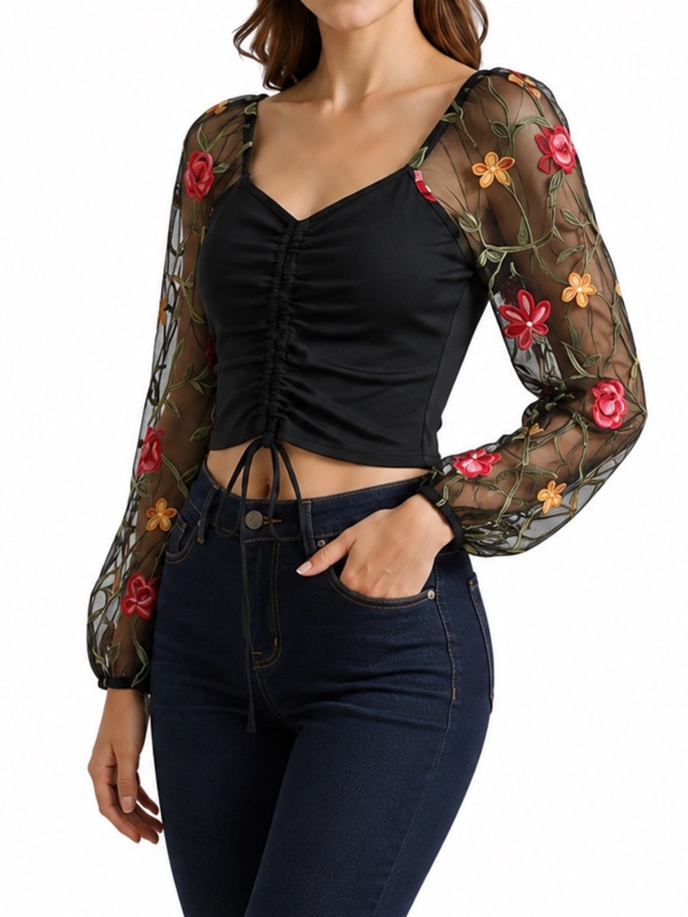 Embroidered Crop Top Sheer LS Ruched Ribbed Bodice Fairy Feminine Pink Black 6
